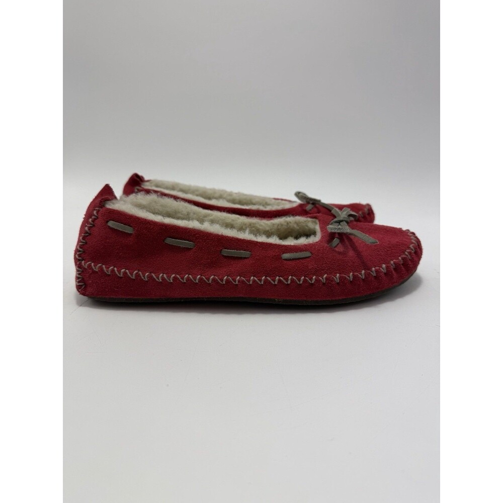 LL Bean Hearthside Red Suede Sherpa Lined  Moccasin Slippers Womens 9 Cozy Cabin